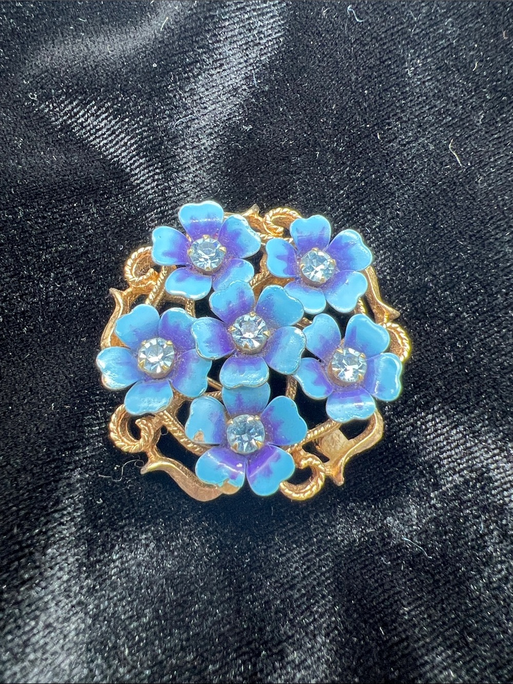 VTG Blue Enamel Flower Cluster Brooch with Crystal Centers